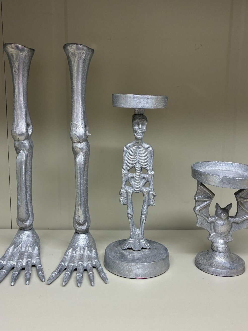 Vintage Gothic Metal Skeleton Legs Taper Candle Holders & Bat Goblet Decor Set